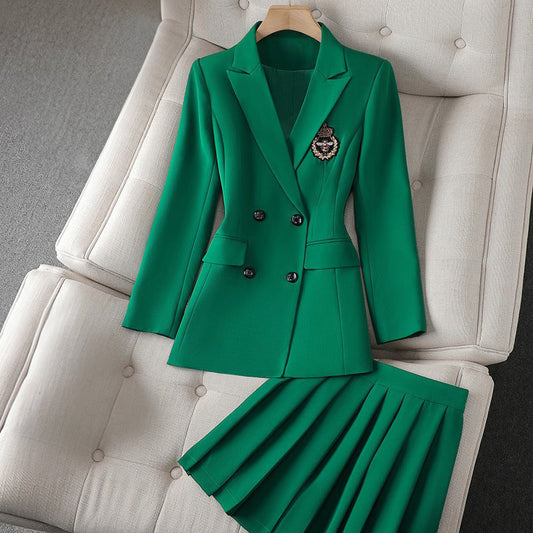 Women’s Blazer Skirt Set – Tailored Fit – Double Breasted – Pleated Knee-Length Skirt