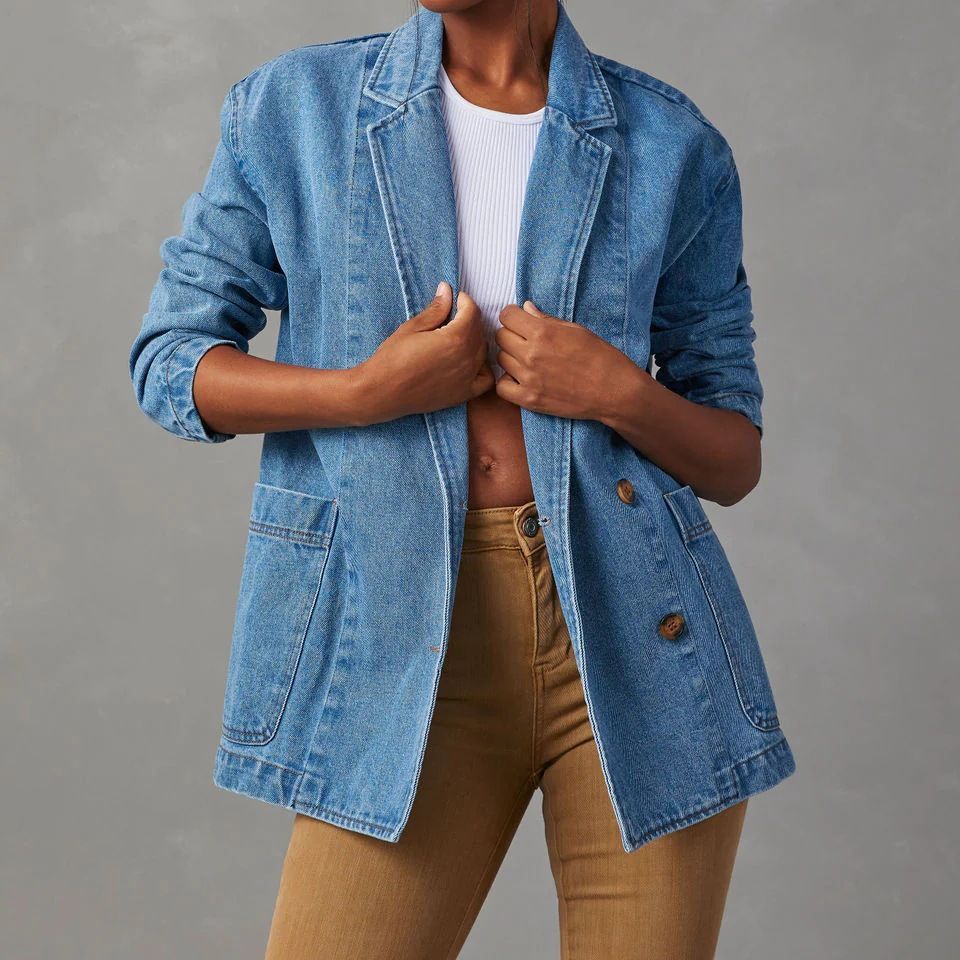 Women’s Denim Jacket – Relaxed Fit – Blazer Style – Button Front – Hip Length