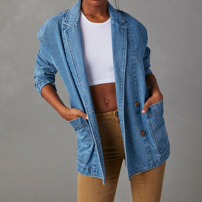 Women’s Denim Jacket – Relaxed Fit – Blazer Style – Button Front – Hip Length