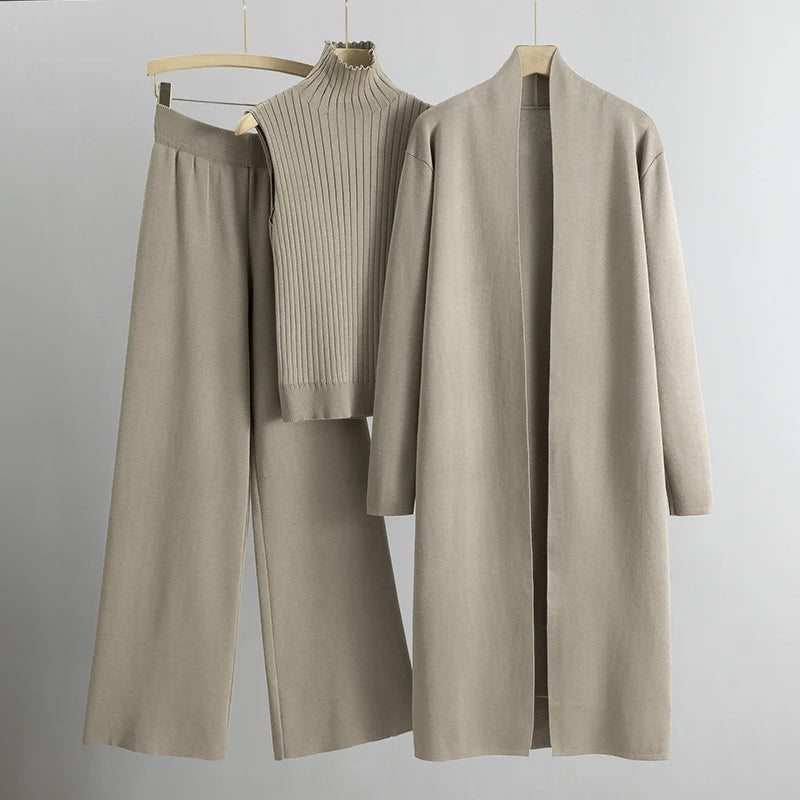 Women’s Three-Piece Set – Long Cardigan – Soft Knit – Open Front – Relaxed Fit – Mid-Calf Length