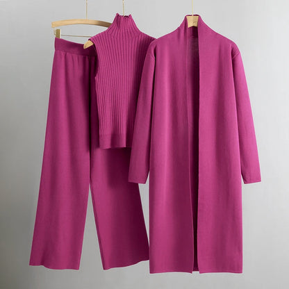 Women’s Three-Piece Set – Long Cardigan – Soft Knit – Open Front – Relaxed Fit – Mid-Calf Length