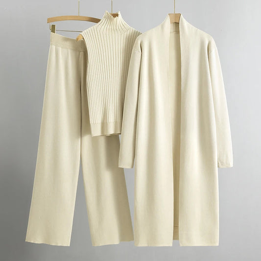 Women’s Three-Piece Set – Long Cardigan – Soft Knit – Open Front – Relaxed Fit – Mid-Calf Length
