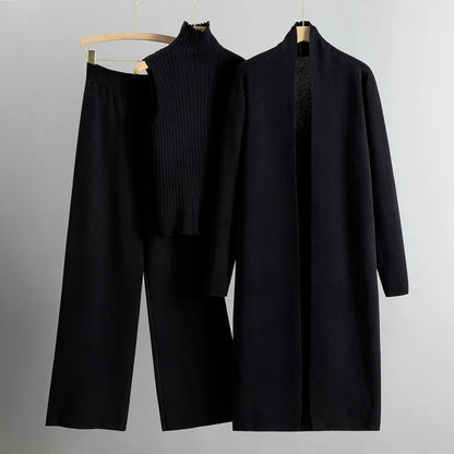 Women’s Three-Piece Set – Long Cardigan – Soft Knit – Open Front – Relaxed Fit – Mid-Calf Length