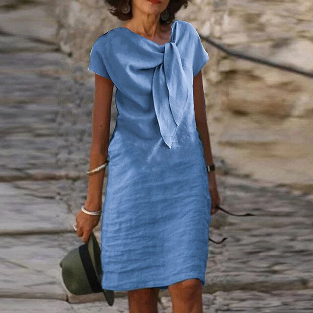 Women’s Evening Dress – Mini Length – Relaxed Fit – Short Sleeve – Statement Bow – Breathable Blend