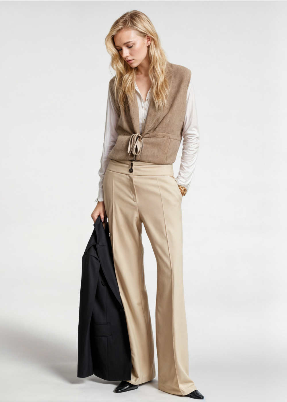 Women’s Vest – Relaxed Fit – Deep V-Neck – Tie Front – Waist Length Soft Knit