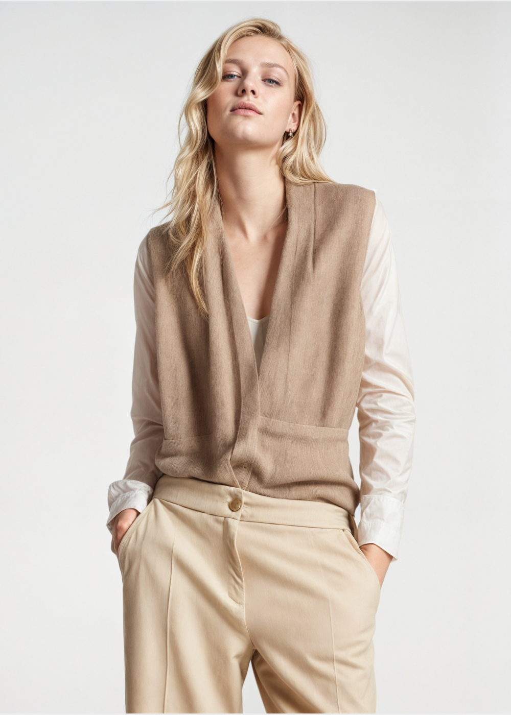 Women’s Vest – Relaxed Fit – Deep V-Neck – Tie Front – Waist Length Soft Knit