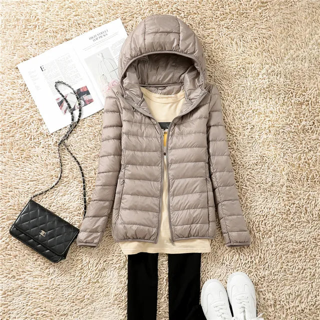 Women’s Down Coat – Slim Fit – Lightweight Quilted – Packable Hood – Hip Length