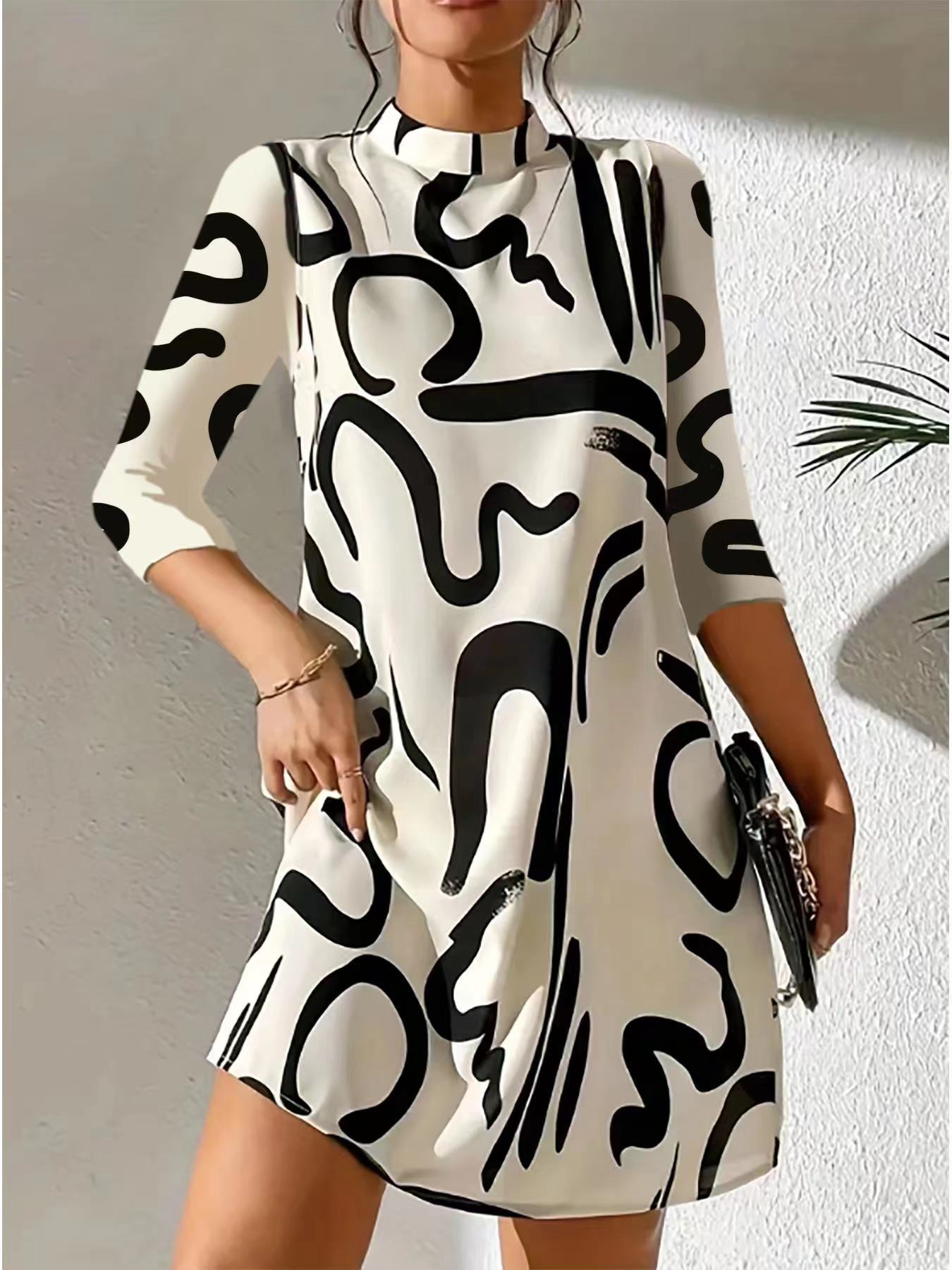 Women’s Mini Dress - Knit - Relaxed A-Line - Mock Neck - Three-Quarter Sleeve - Abstract Print