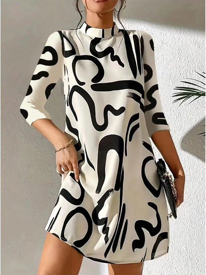 Women’s Mini Dress - Knit - Relaxed A-Line - Mock Neck - Three-Quarter Sleeve - Abstract Print