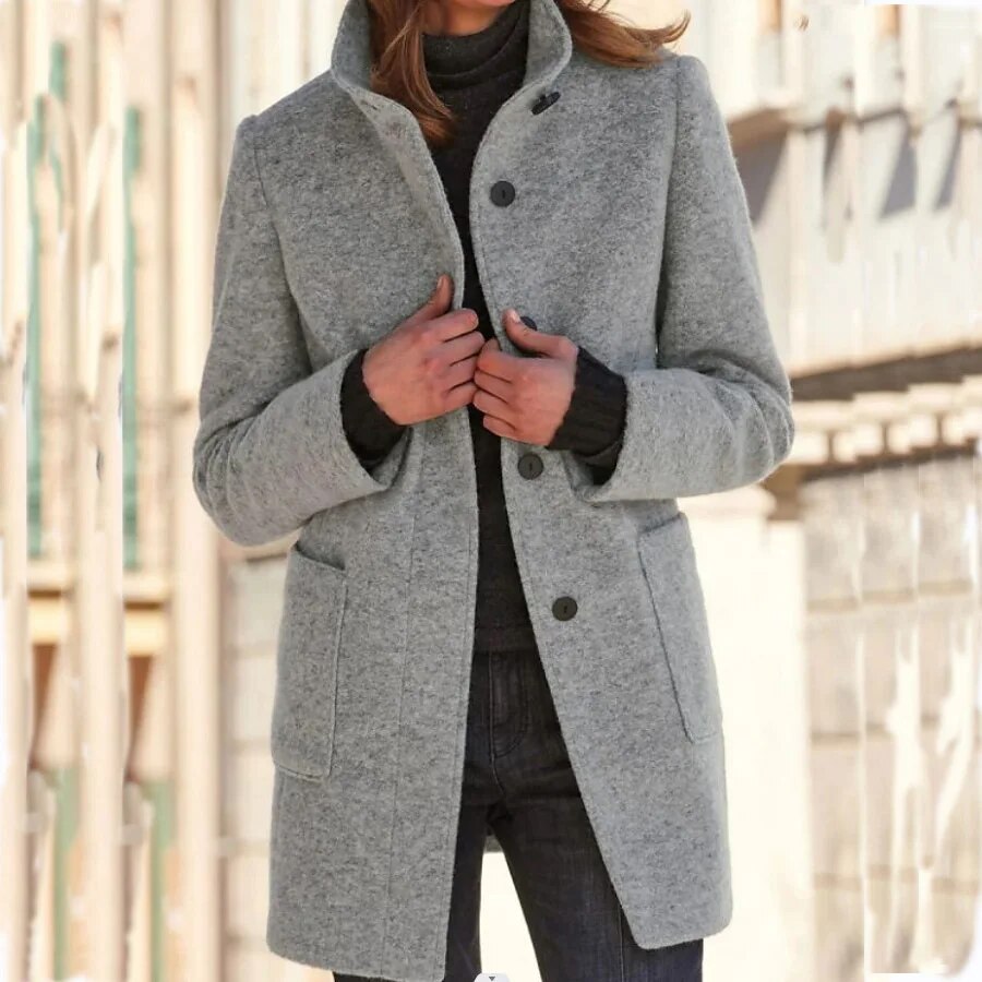 Women’s Coat - Wool Blend - Tailored Fit - High Collar - Front Pockets