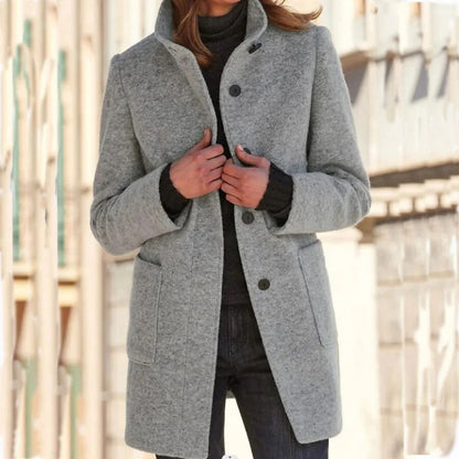 Women’s Coat - Wool Blend - Tailored Fit - High Collar - Front Pockets