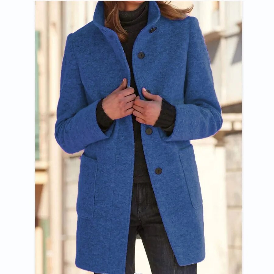 Women’s Coat - Wool Blend - Tailored Fit - High Collar - Front Pockets