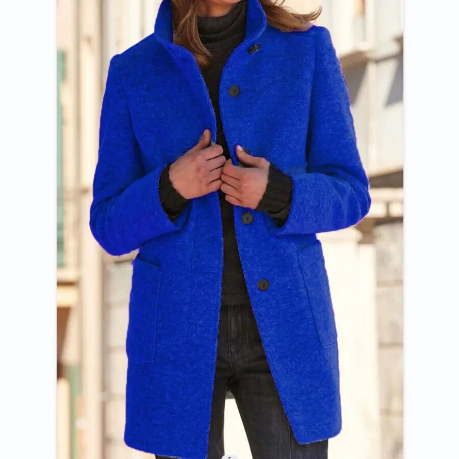 Women’s Coat - Wool Blend - Tailored Fit - High Collar - Front Pockets