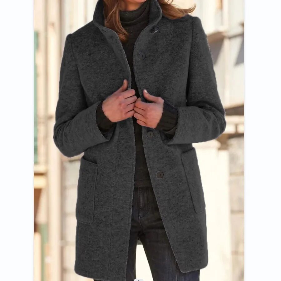 Women’s Coat - Wool Blend - Tailored Fit - High Collar - Front Pockets