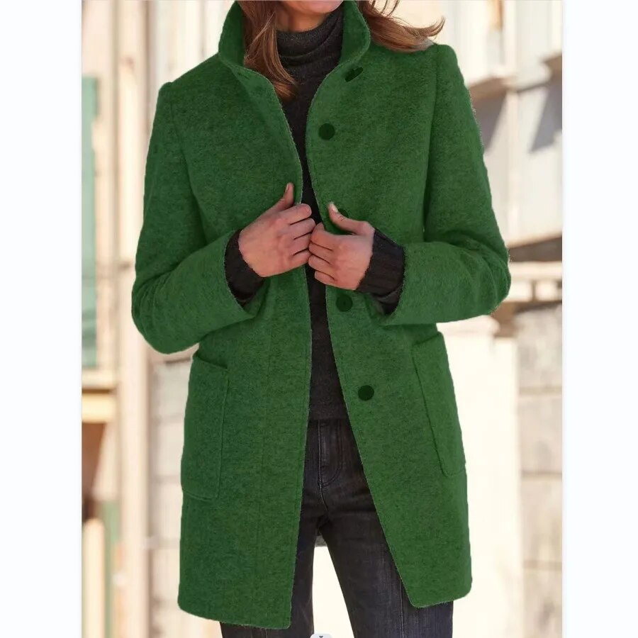 Women’s Coat - Wool Blend - Tailored Fit - High Collar - Front Pockets