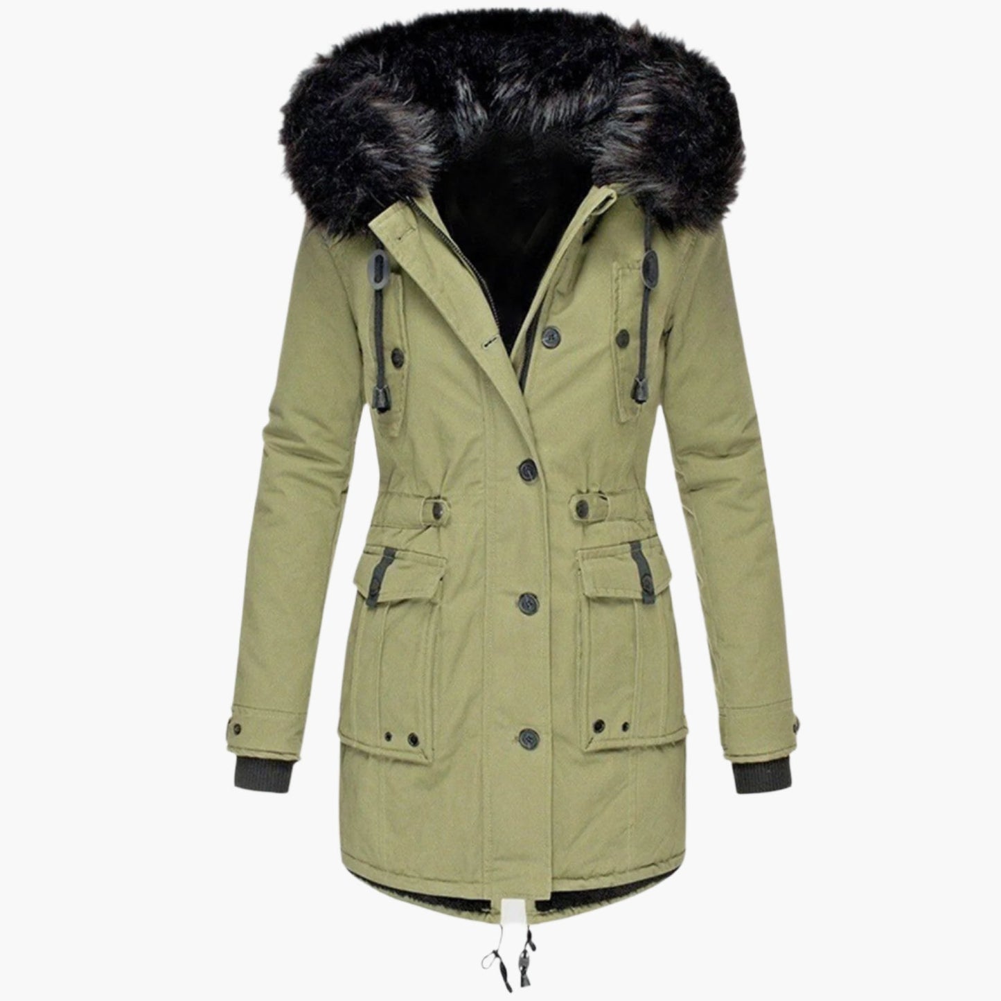 Siesta Hooded Parka Coat | Fur Trim Button Front Mid-Thigh Coat