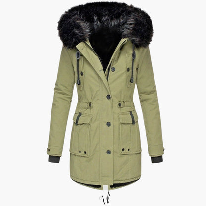 Siesta Hooded Parka Coat | Fur Trim Button Front Mid-Thigh Coat