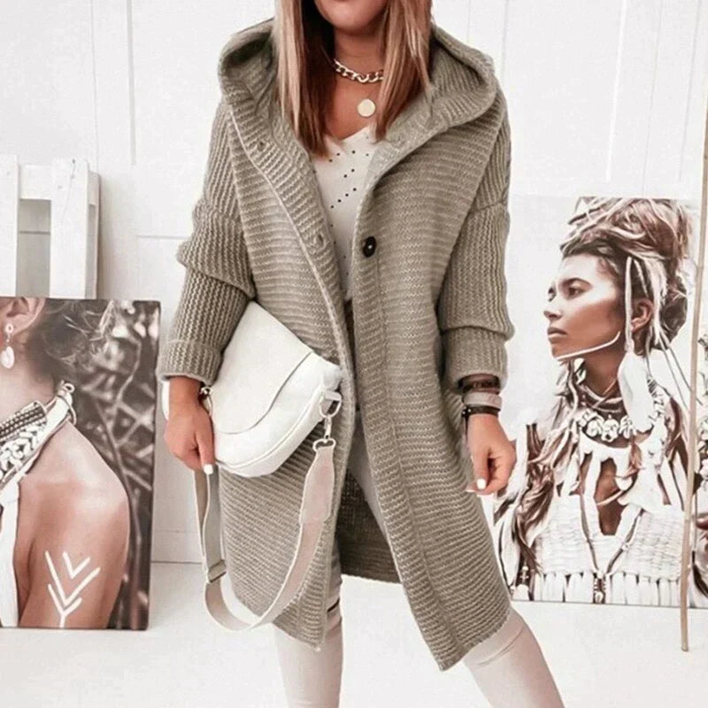Women’s Hooded Cardigan – Wool Blend – Relaxed Fit – Longline Chunky Knit – Button Front