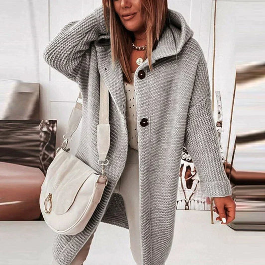 Women’s Hooded Cardigan – Wool Blend – Relaxed Fit – Longline Chunky Knit – Button Front