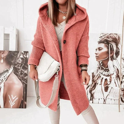 Women’s Hooded Cardigan – Wool Blend – Relaxed Fit – Longline Chunky Knit – Button Front