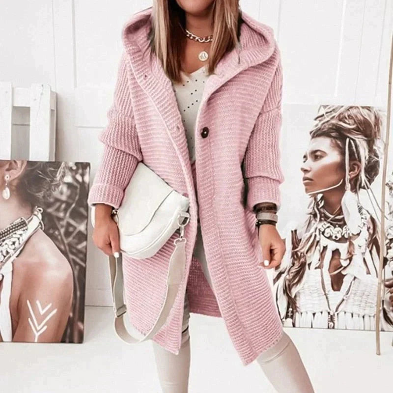 Women’s Hooded Cardigan – Wool Blend – Relaxed Fit – Longline Chunky Knit – Button Front
