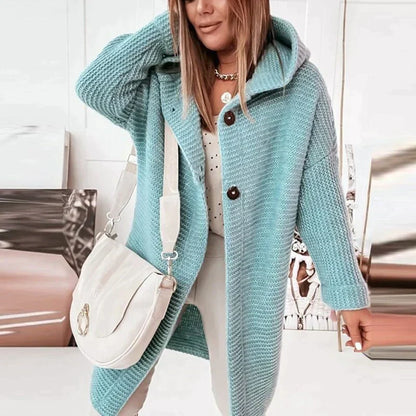 Women’s Hooded Cardigan – Wool Blend – Relaxed Fit – Longline Chunky Knit – Button Front