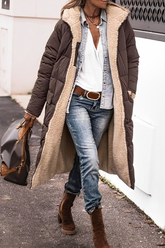 Women's Long Coat - Quilted - Oversized Fit - Plush Lining - Open Front