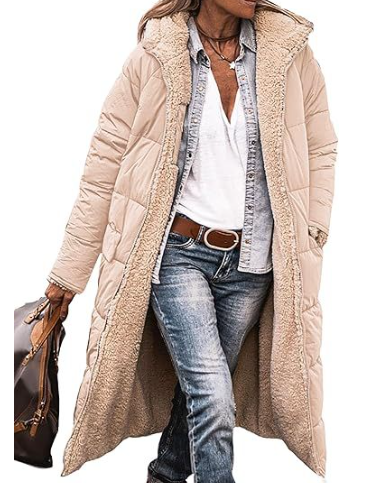 Women's Long Coat - Quilted - Oversized Fit - Plush Lining - Open Front