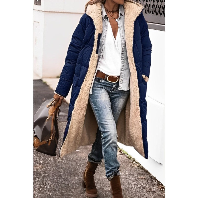 Women's Long Coat - Quilted - Oversized Fit - Plush Lining - Open Front