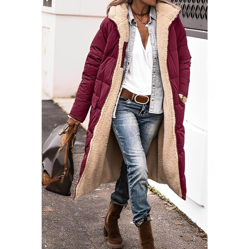 Women's Long Coat - Quilted - Oversized Fit - Plush Lining - Open Front