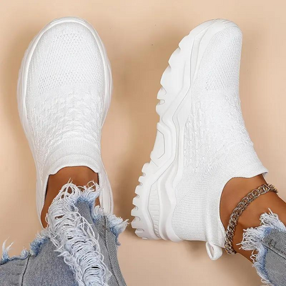 Women’s Slip-On Sneakers – Knit Ribbed Upper – Cushioned Sole – Sock-Like Fit