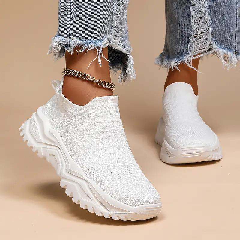 Women’s Slip-On Sneakers – Knit Ribbed Upper – Cushioned Sole – Sock-Like Fit