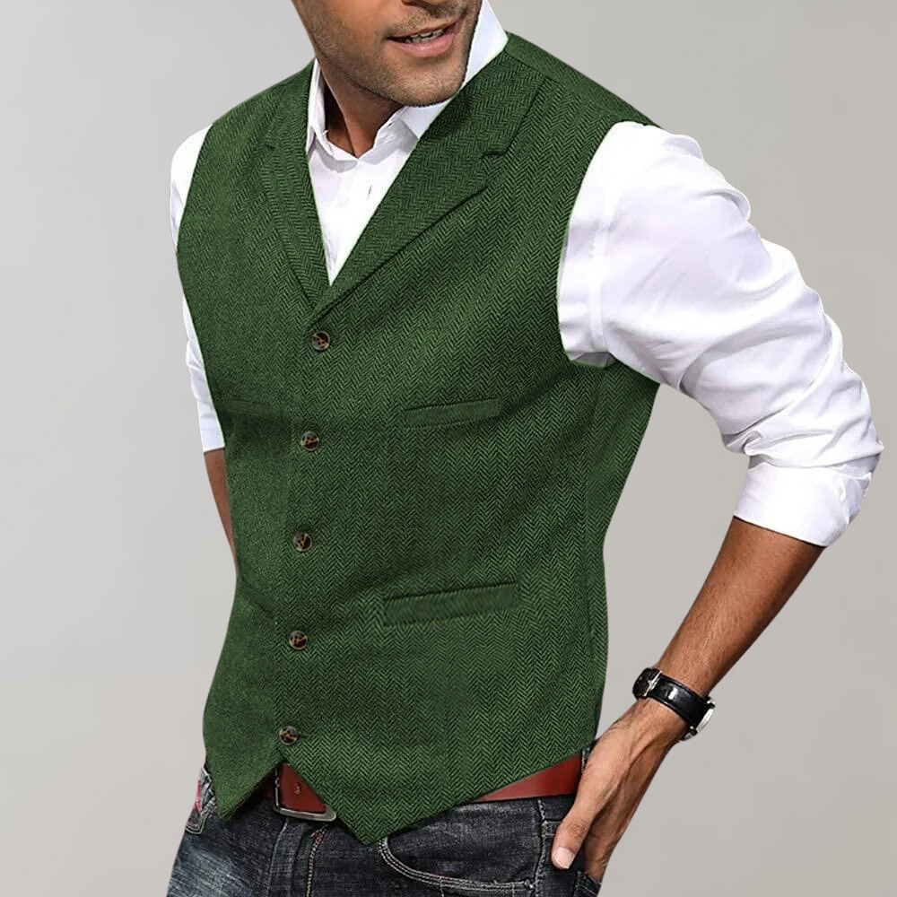 Men’s Suit Vest – Slim Fit – Wool Herringbone – Button Front – Classic V-Neck