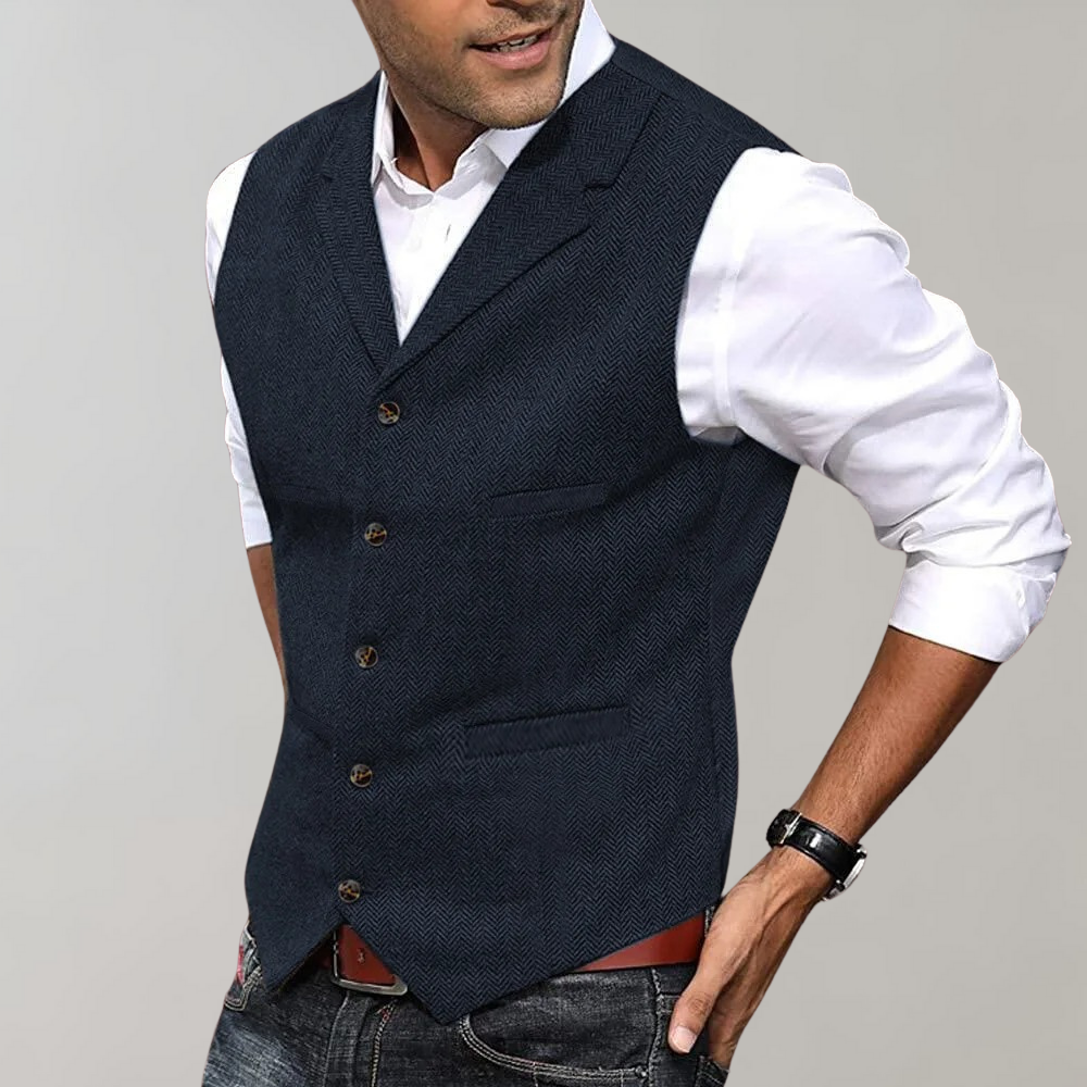 Men’s Suit Vest – Slim Fit – Wool Herringbone – Button Front – Classic V-Neck
