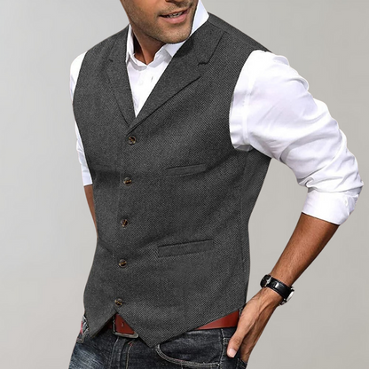 Men’s Suit Vest – Slim Fit – Wool Herringbone – Button Front – Classic V-Neck