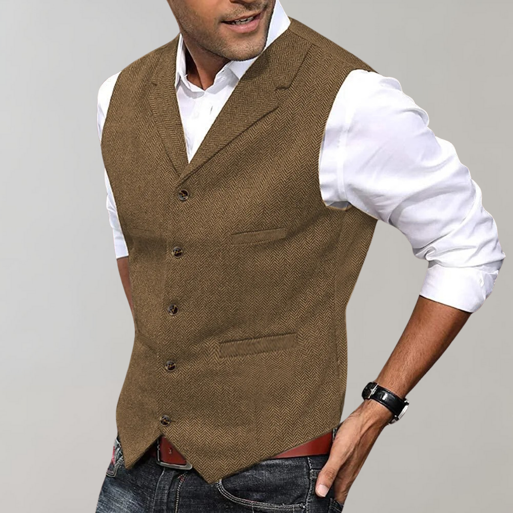 Men’s Suit Vest – Slim Fit – Wool Herringbone – Button Front – Classic V-Neck