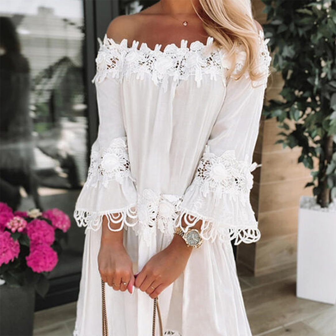Women's Off-Shoulder Dress - Lace Trim - A-Line - 3/4 Sleeve Lightweight Flowy Fit