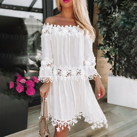 Women's Off-Shoulder Dress - Lace Trim - A-Line - 3/4 Sleeve Lightweight Flowy Fit