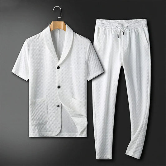 Men’s Lounge Set – Relaxed Fit – Breathable Blend – Button Shirt with Drawstring Pants