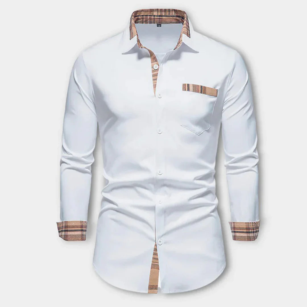 Men’s Long Sleeve Shirt – Slim Fit – Breathable Fabric – Contrast Plaid Detail