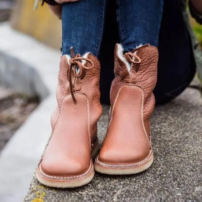 Women’s Mid-Calf Boots – Faux Leather – Plush Lining – Non-Slip Sole – Lace-Up Design