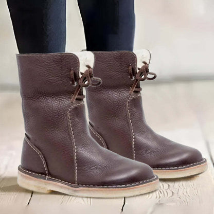 Women’s Mid-Calf Boots – Faux Leather – Plush Lining – Non-Slip Sole – Lace-Up Design