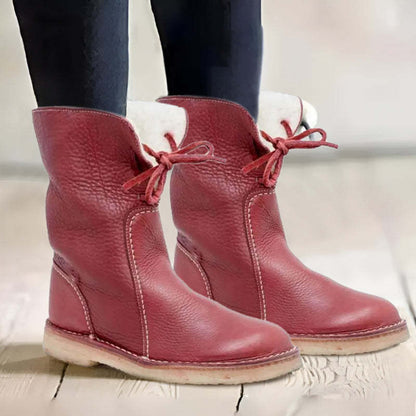 Women’s Mid-Calf Boots – Faux Leather – Plush Lining – Non-Slip Sole – Lace-Up Design