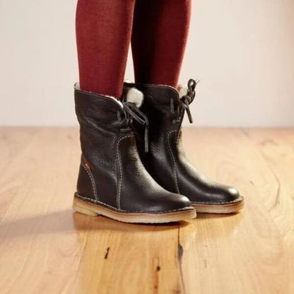 Women’s Mid-Calf Boots – Faux Leather – Plush Lining – Non-Slip Sole – Lace-Up Design