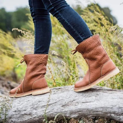 Women’s Mid-Calf Boots – Faux Leather – Plush Lining – Non-Slip Sole – Lace-Up Design