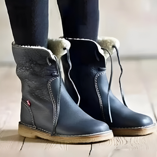 Women’s Mid-Calf Boots – Faux Leather – Plush Lining – Non-Slip Sole – Lace-Up Design