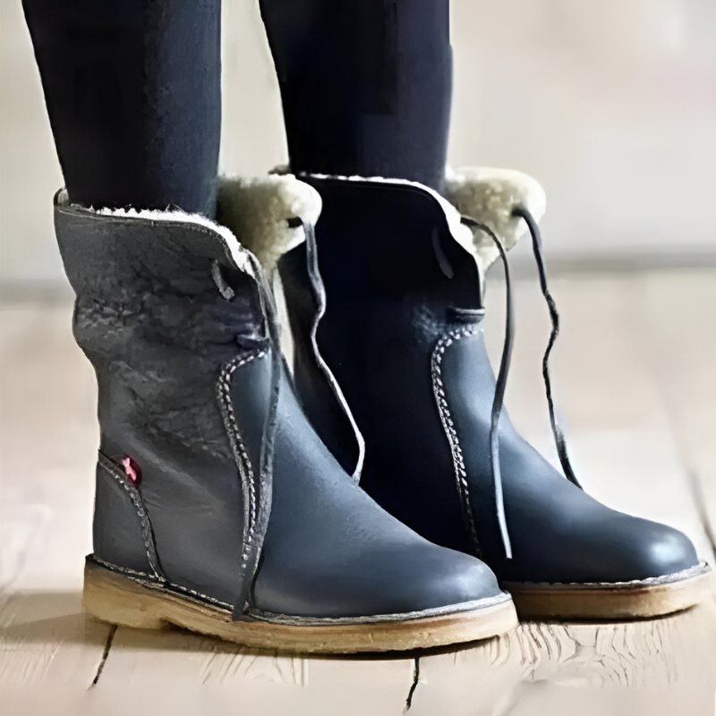 Women’s Mid-Calf Boots – Faux Leather – Plush Lining – Non-Slip Sole – Lace-Up Design