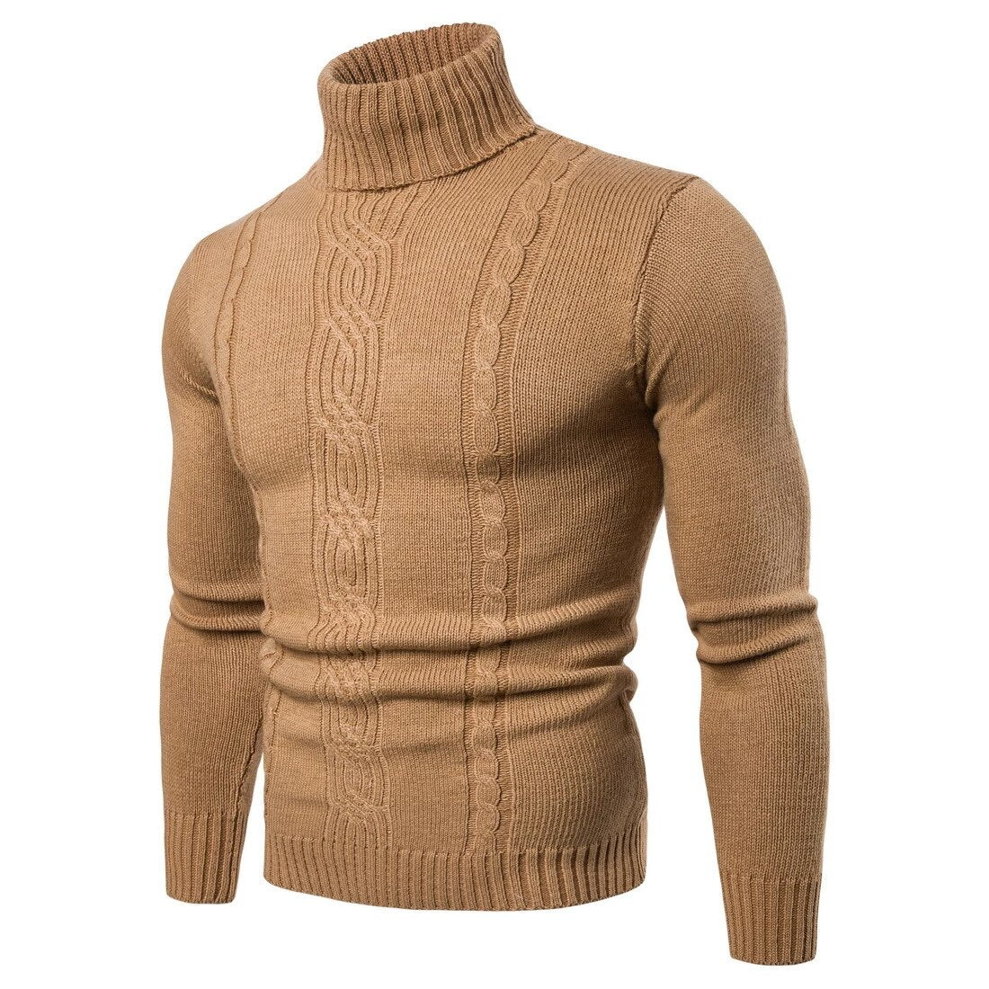 Men’s Turtleneck Sweater - Cable Knit - Slim Fit - Ribbed Cuffs and Hem - Soft Knit Warmth