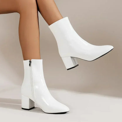 Women’s Ankle Boots – Sleek Fit – Pointed Toe – Block Heel – Side Zipper – Leather Look