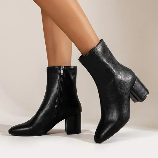 Women’s Ankle Boots – Sleek Fit – Pointed Toe – Block Heel – Side Zipper – Leather Look